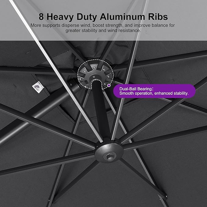 PURPLE LEAF 8 FT Cantilever Patio Umbrella with Base Outdoor Aluminum Offset Square Umbrella with 3 Years Fade Resistance Recycled Fabric and 360-degree Rotation for Deck Pool Garden, Mist Grey
