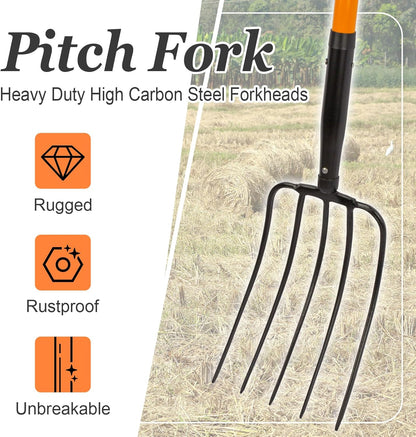 5 Tine Pitchfork for Gardening, Heavy Duty Pitchfork with Fiberglass Handle, Garden Fork for Mulching, 58 Inches