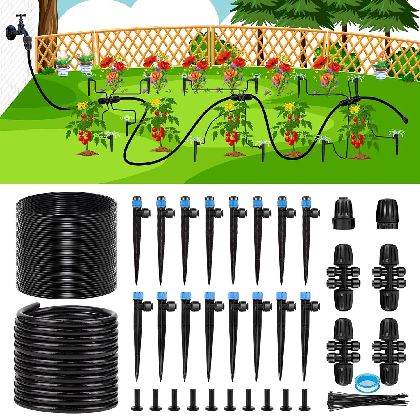 102FT Drip Irrigation System Kit, New Quick-Connect, Automatic Garden Watering Misting System for Greenhouse, Yard, Lawn, Plant with 1/2 inch Hose 1/4 inch Distribution Tubing and Accessories