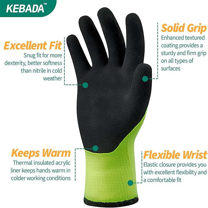 Kebada T3 Winter Work Gloves for Men and Women, Warm Knit Cold Weather Work Gloves, Thermal Insulated Freezer Gloves, 100% Latex Coating Non-slip Grip, Long Wrist Design, 1 Pair, Green, Large