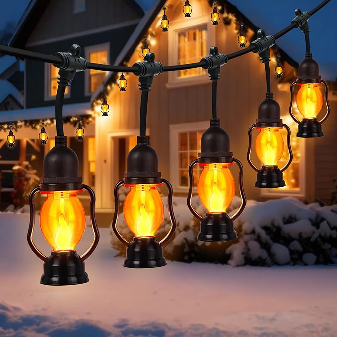 Christmas Flame String Lights , 21FT Indoor Outdoor String Lights with 10 Flickering Flame Bulb, Timer, Waterproof LED Outdoor Decorative Orange Lights for Patio, Yard, Bistro, Porch, Garden Decor