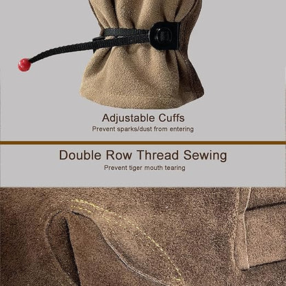Leather Work Gloves for Men Women with Cotton Lining, Thorn Proof Gardening Gloves for TIG/MIG Welding, Construction (Coffee, Large)