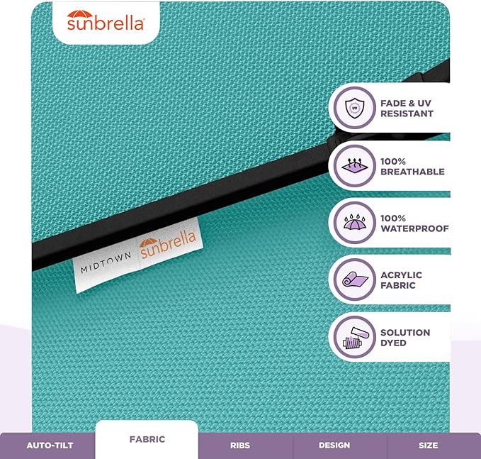 Midtown Umbrellas Sunbrella Umbrella 9 Feet Outdoor Umbrella With Sunbrella Aruba Acrylic Fabric - Auto-Tilt Aluminum Frame Patio Umbrella For Backyard, Deck, Garden, Pool - Black Pole