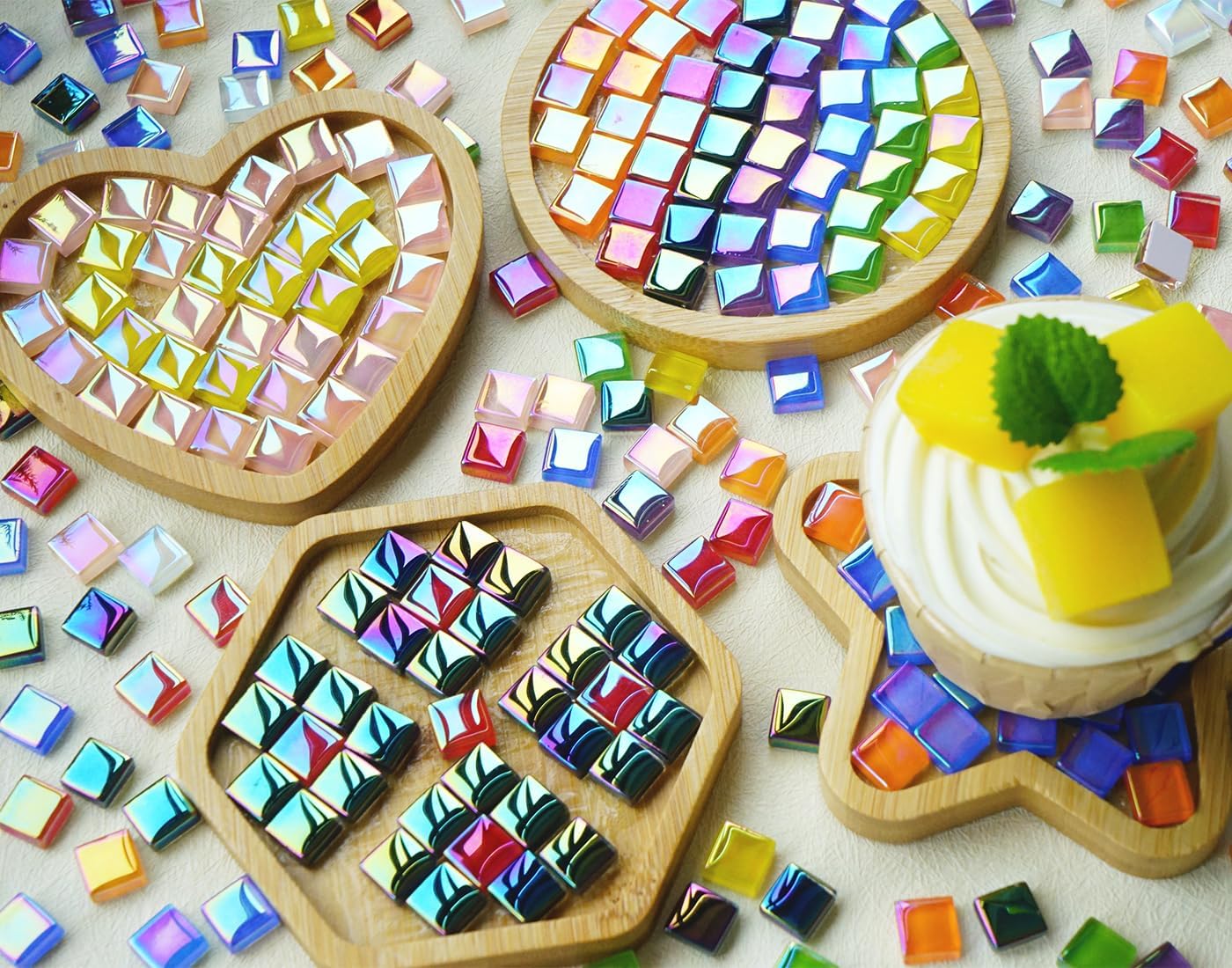 1100pcs Mixed Colors Iridescent Mosaic Tiles, 2.2lbs Crystal Glass Tiles, 3/8" Square Mosaic Tiles with Smooth Edges, 1KG Small Stained Glass Pieces Great for DIY Mosaic Crafts, Home Decor