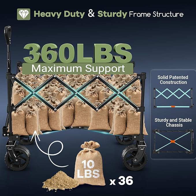 150L Collapsible Wagons Carts Foldable, 360LBS Heavy Duty Folding Beach Cart with Big All-Terrain Wheels, Portable Utility Wagon for Grocery, Shopping, Garden, Sports, Green