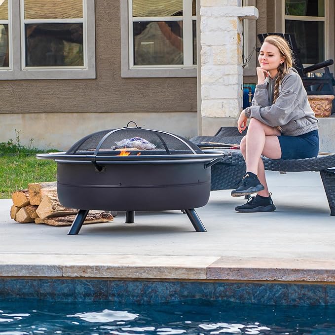 SUNCREAT 42" Outdoor Portable Fire Pit with Spark Screen, Fire Poker, Wood Burning Patio Fire Pits with Protective Ring, Black