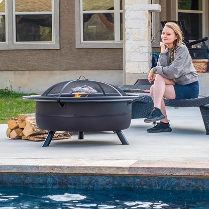 SUNCREAT 42" Outdoor Portable Fire Pit with Spark Screen, Fire Poker, Wood Burning Patio Fire Pits with Protective Ring, Black