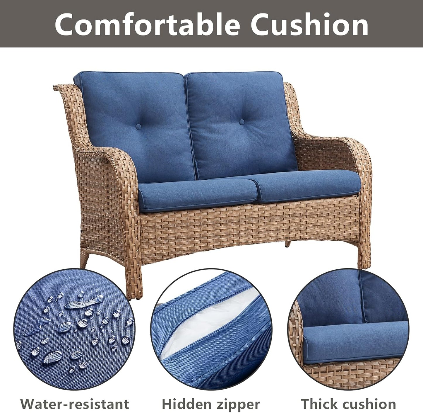 Outdoor Wicker Patio Furniture Set - 5 Piece Rattan Patio Conversation Set with 2 Rocking Swivel Chairs,2 Ottomans and 1 Loveseat for Porch Deck Backyard Garden(Yellow/Blue)