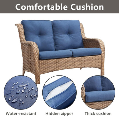 Outdoor Wicker Patio Furniture Set - 5 Piece Rattan Patio Conversation Set with 2 Rocking Swivel Chairs,2 Ottomans and 1 Loveseat for Porch Deck Backyard Garden(Yellow/Blue)