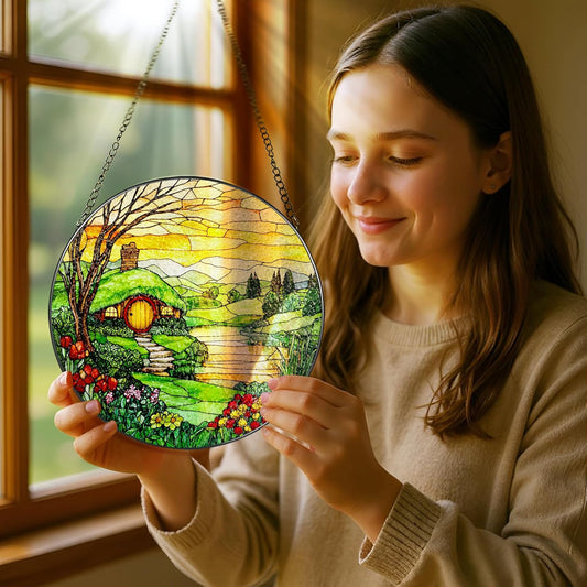 Stained Glass Window Hanging, Pauyadu 8 Inch The Shire Stained Glass Suncatcher, Window Decorations for Home, Mother's Day, Christmas, Birthday Gifts for Women, Mom, and Grandma, Nature Lovers