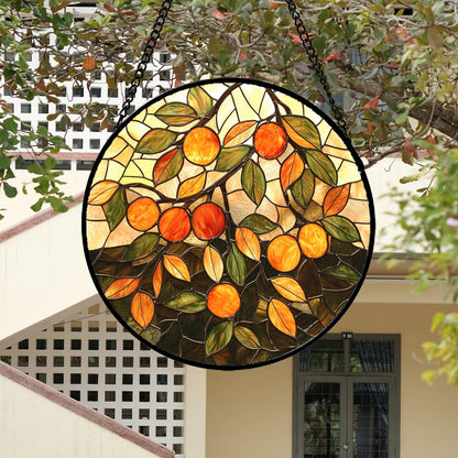 Stained Glass Suncatcher, Orange Green Fruit Tree Sun Catcher Landscape Stain Glass Window Hanging Decoration Mother's Day Birthday Gifts for Women Men Mom Nana 9.8 in