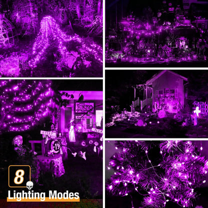 4 Pack Solar String Lights Outdoor - 320LED 132FT Halloween Solar Fairy Lights Outside Waterproof, 8 Modes Purple Solar Powered Twinkle Lighting Decorations for Tree Garden Yard Spooky Patio Party