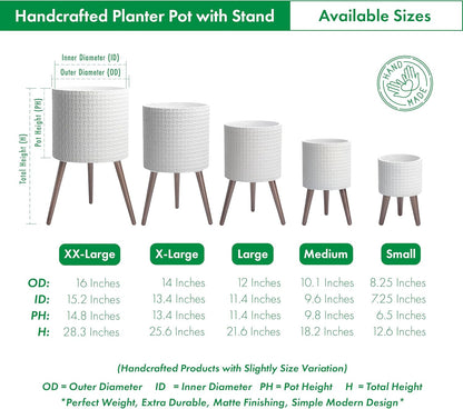 D'vine Dev 14 Inch Modern Geometric Tile Patterned Sleek Planter Pot with Stand, Indoor Outdoor Decorative Plant Holder, Matte White, 88-Z-D-1