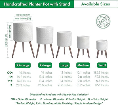 D'vine Dev 12 Inch Modern Geometric Tile Patterned Sleek Planter Pot with Stand, Indoor Outdoor Decorative Plant Holder, Matte White, 88-Z-C-1