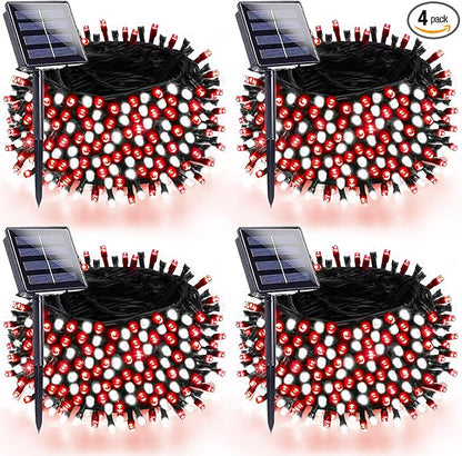 4 Pack 180FT Solar Christmas Lights Outdoor Waterproof, Super Bright 320 LED Solar String Lights with 8 Lighting Modes, Green Wire Twinkle Tree Light for Outside Xmas Party Decorations (Red and White)