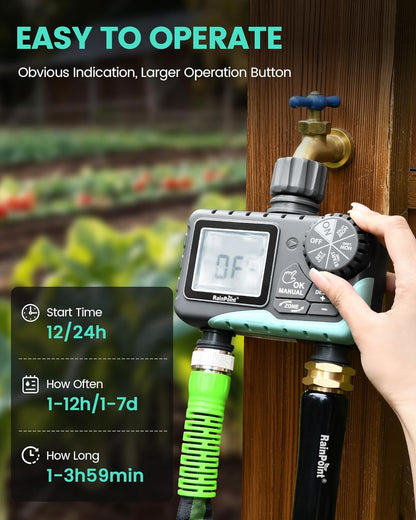 RAINPOINT Sprinkler Timer 2 Outlet, Water Timer for Garden Hose, Programmable Drip Irrigation Timer for Yard Outdoor Watering, Rain Delay/Manual/Automatic System Controller 2.5" LCD, V2, 2023 Release