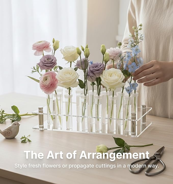 Plant Propagation Station, 24 Floral Tubes, Floral Arrangement Kit, Modern Acrylic Desktop Rack with Propagation Tubes for Hydroponics Rooting Cuttings, Bud Vase Holder, Plant Lover Gift