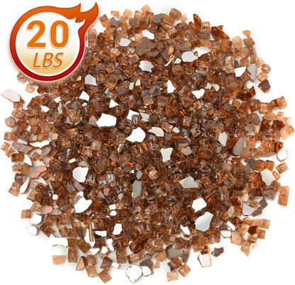 Mr. Fireglass 20 Pounds Copper Reflective Fire Glass, 1/2 Inch High Luster Reflective Tempered Glass Rocks for Fire Pit Table Fireplace and Landscaping, Decorative Propane Gas Fireplace Glass Rocks