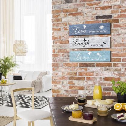 Jetec 3 Pieces Rustic Wood Sign Wall Decor Live Love Blessed Family and Love Quote Sign Farmhouse Wall Mount Decoration for Home Kitchen Living Room, 12 x 3 x 0.2 Inch(Blue Series,Classic)