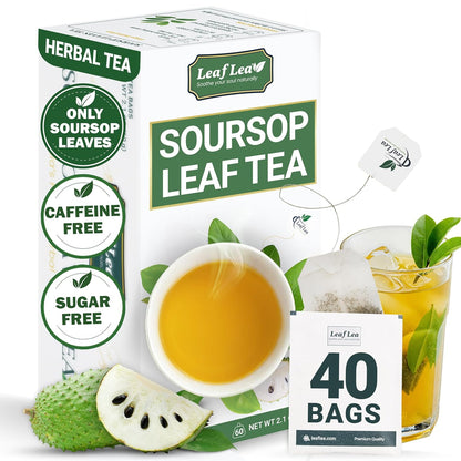 LeafLea 40 Premium Soursop Leaf Tea Bags, Pure & Natural Sour Sop Leaves, Graviola Leaves Tea, Hoja Guanabana Tea, Natural Digestion Support Herbal Tea Bags, Nutrient-Rich, No Sugar, No Caffeine