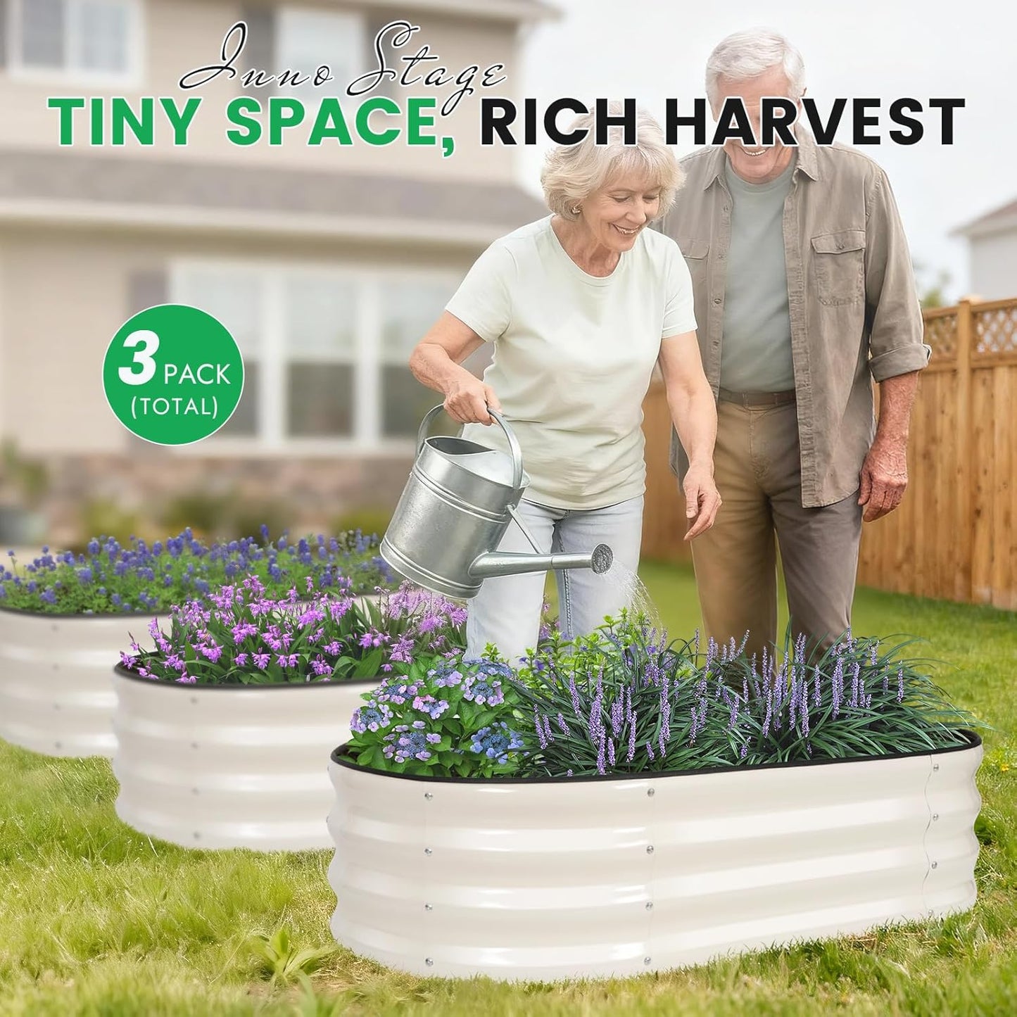 INNO STAGE 3Pcs Galvanized Raised Garden Bed Kit, Outdoor Metal Raised Garden Beds for Vegetables, Rust-Resistant & Easy Assembly, 4x2x1ft Oval Raised beds for Gardening, Flowers, Herbs (White)