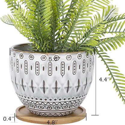 VanEnjoy 5.5 inch Large Round Bohemian Style Ceramic Planter, Geometry Engrave Off White Brown Succulent Planter Flower Pot, Indoor Outdoor Decorative Planter