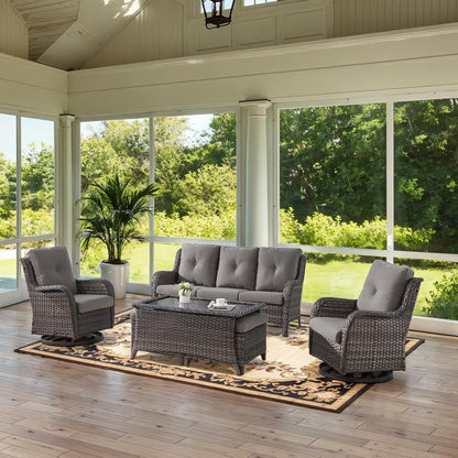 Wicker Outdoor Furniture Patio Furniture Set - 6 Piece Patio Conversation Set with Swivel Rocker Chairs, Rattan Sofa, Ottomans and Coffee Table, Gray Cushion