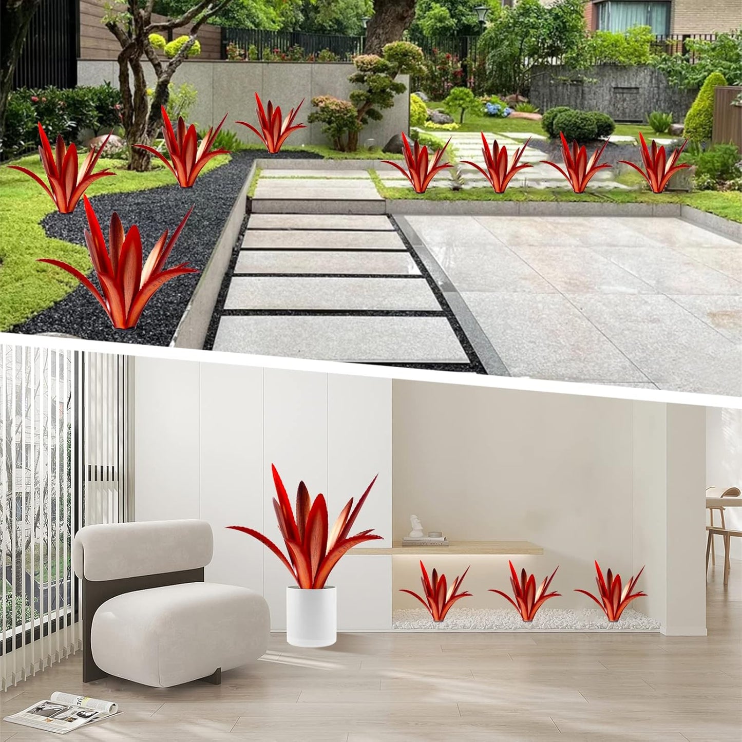 TOMBABY Enlarge Thickened Wind Resistant Metal Agave Garden Art Metal Plant Country Garden Sculpture Statue Outdoor Decoration Agave Metal Plant Courtyard Garden Lawn Ornament Gift (1, 12 Leaves red)