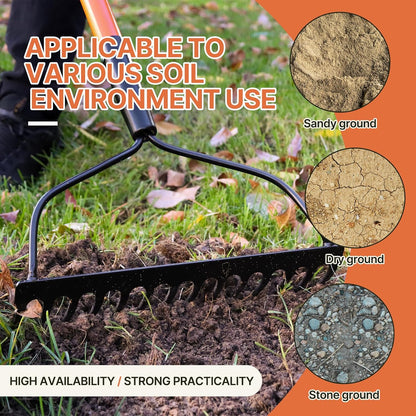 Garden Rake Heavy Duty with Orange Fiberglass Handle - 14-Tooth Metal Yard Hard Rake for Gardening, Farming, and Yard Work ,57 Inch