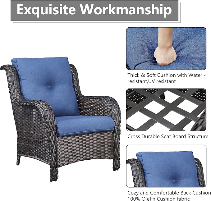 Rilyson Patio Bistro Set Wicker Chairs - 3 Piece Outdoor Rattan Conversation Set with 2 Armrest Chair and 1 Side Table for Proch Deck Garden Backyard Balcony(Brown/Blue)