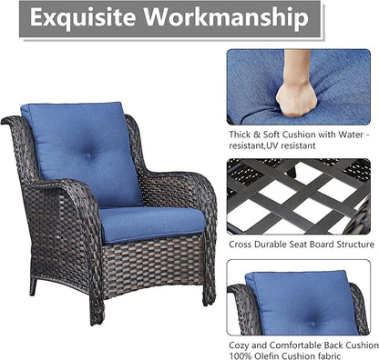 Rilyson Patio Bistro Set Wicker Chairs - 3 Piece Outdoor Rattan Conversation Set with 2 Armrest Chair and 1 Side Table for Proch Deck Garden Backyard Balcony(Brown/Blue)