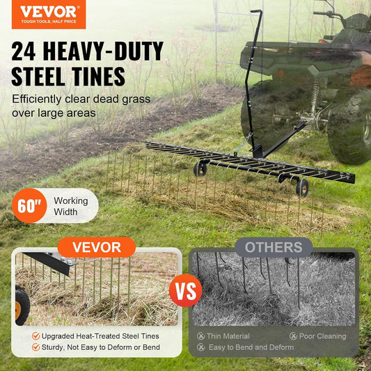 VEVOR Tow Behind Dethatcher, 60-inch Tow Dethatcher with 24 Steel Tines, Lawn Dethatcher Rake for ATV or Mower, Tow Behind Lawn Rake with Lift Handle for Leaves, Pine Needles, and Grass