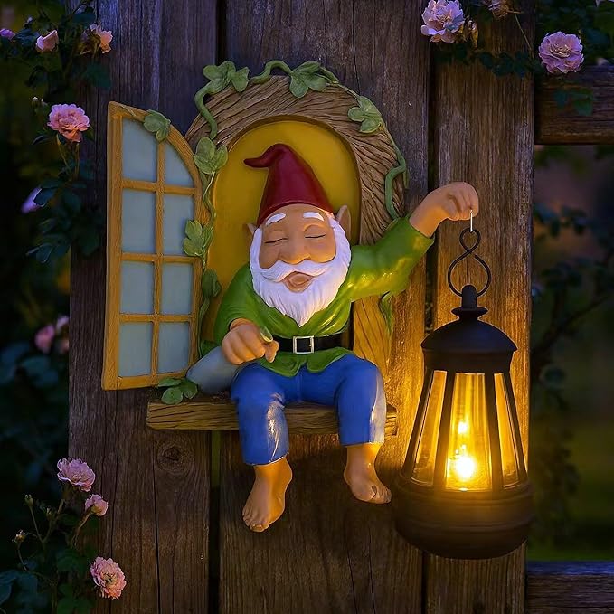 Gnome Statues Solar Lantern Whimsical Elf Out The Door Tree Hugger Figurines Tree Faces Decor Outdoor Fairy Garden Wall Art Decorations for Yard Patio Fence Ideal Gifts