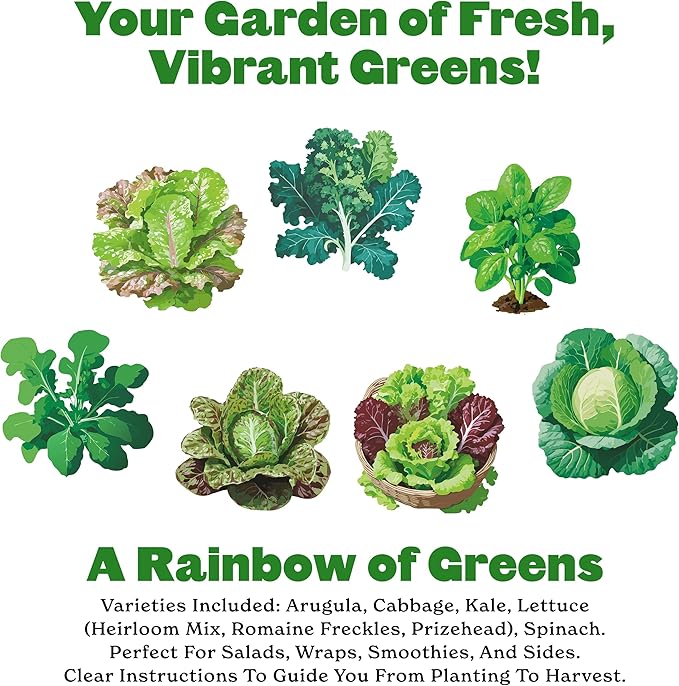 Epic Gardening Eat Your Greens Seed Kit - 7 Heirloom & Non-GMO Varieties, Includes Kale, Spinach, Arugula & Romaine Lettuce, Grow Fresh Greens for Salads, Smoothies, Healthy Meals, Ideal for Beginners