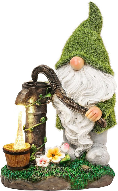 TERESA'S COLLECTIONS Resin Garden Gnomes Decor with Solar Lights, Fathers Gifts, Green Outdoor Decorations for Porch Patio, Gifts for Dad and Mom，Outdoor Garden Decor Ornaments for Outside, 10"