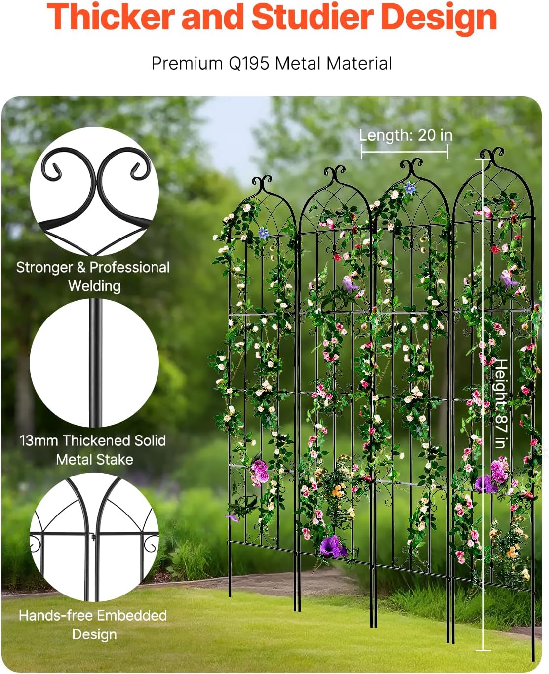 VEVOR Garden Trellis for Climbing Plants, 87 x 20 in, 4 Packs Rustproof Metal Garden Flower Rose Trellis, Outdoor Climbing Clematis Trellis Cucumbers Support for Courtyards Lawns