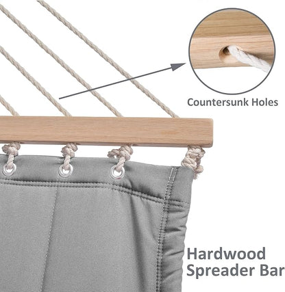 SUNCREAT Portable Double Hammock with Hardwood Spreader Bar, Extra Large Outdoor Hammock with Soft Pillow, 475 lbs Capacity, Light Gray