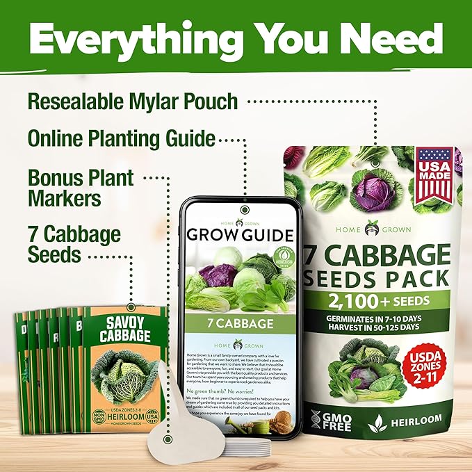 HOME GROWN 7 Cabbage Seeds for Planting - 2000+ Heirloom 𝗡𝗢𝗡-𝗚𝗠𝗢 𝗨𝗦𝗔 Seeds - Golden Acre,BokChoy,Savoy,Michihili, Red Acre, Copenhagen Market,Jersey Wakefield - Vegetable Seeds for Planting