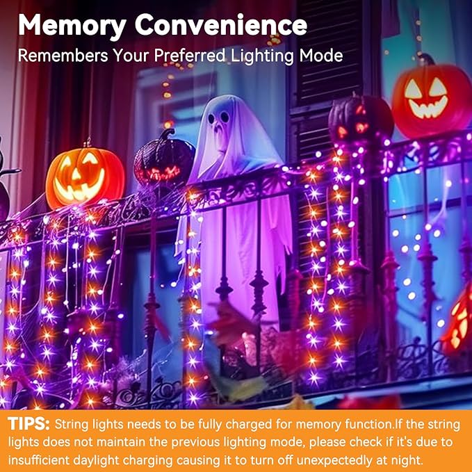 Solar String Lights Outdoor Waterproof 2 Pack Total 66ft 200LED 8 Modes Twinkle Lights Solar Fairy Lights for Patio, Garden Yard Party Tree Christmas Halloween Decoration, Orange + Purple