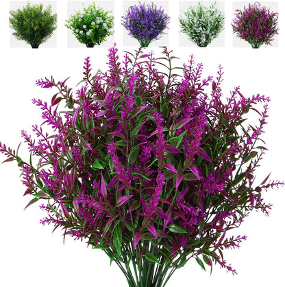 8 Pack Artificial Plants Flowers Grass Shrubs Lavender No Fade Faux Plastic Flowers Outdoor for Farmhouse Garden Porch Patio Indoor Wedding Decoration Greenery Fake Plants uv Resistant