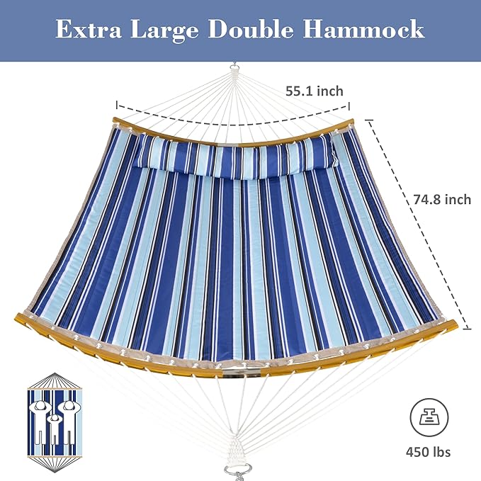 SUNCREAT Hammocks Standing Backyard Hammock with Stand, 2 Person Heavy Duty Hammock with 13.5 ft Wooden Stand, Blue Stripe