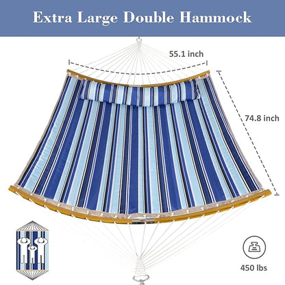 SUNCREAT Hammocks Standing Backyard Hammock with Stand, 2 Person Heavy Duty Hammock with 13.5 ft Wooden Stand, Blue Stripe