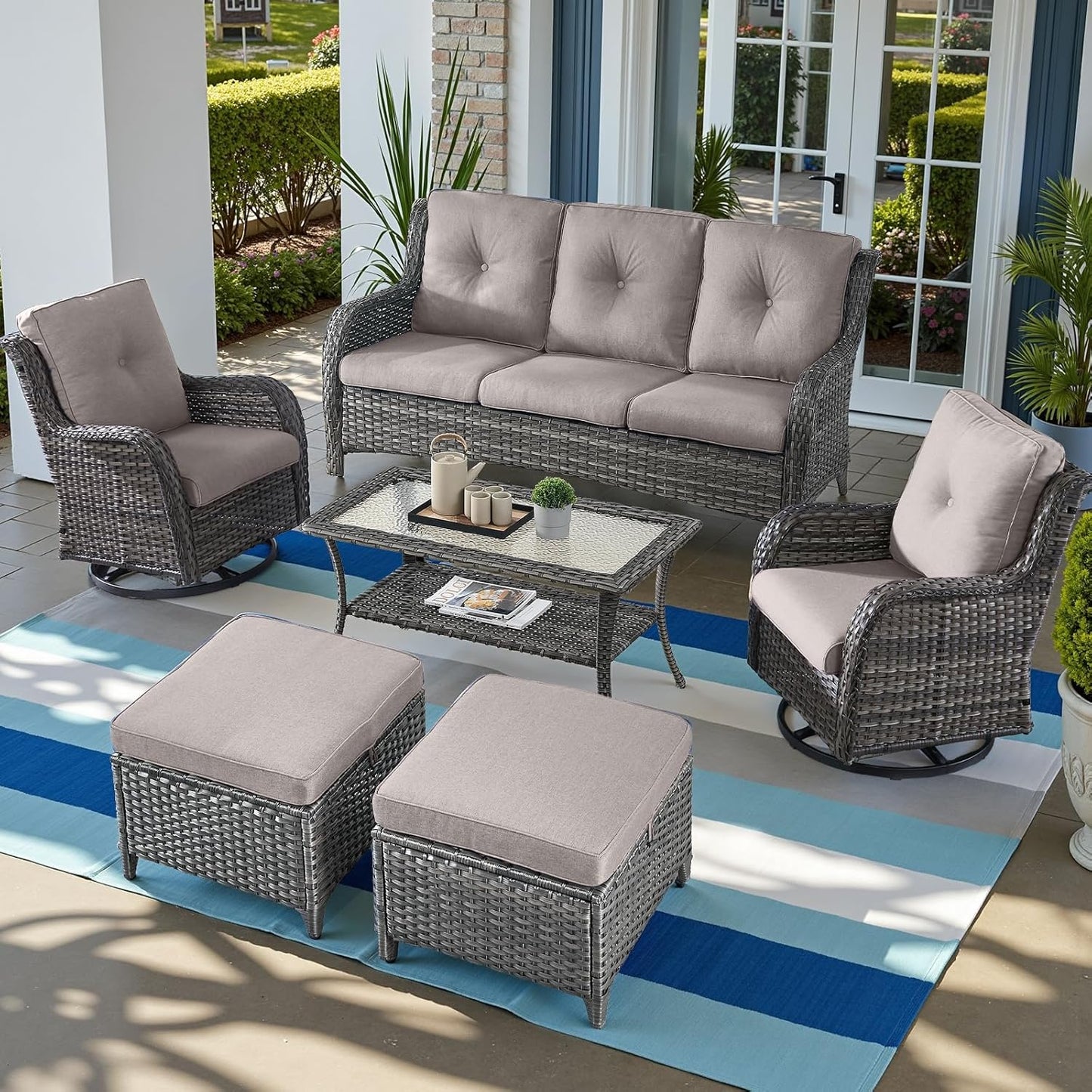 Outdoor Wicker Patio Furniture Set - 6 Piece Rattan Patio Conversation Set with 2 Rocking Swivel Chairs,2 Ottomans,1 Sofa and 1 Coffee Table for Porch Deck Backyard Garden(Mixed Grey/Grey)