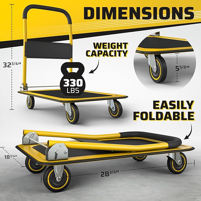 Heavy Duty Foldable Push Cart Dolly | 330 lbs. Capacity | Upgraded Collapsible Hand Truck Folding Platform with Swivel Wheels | Flat Bed Moving Wagon | Space Saving Push Handle (Yellow)