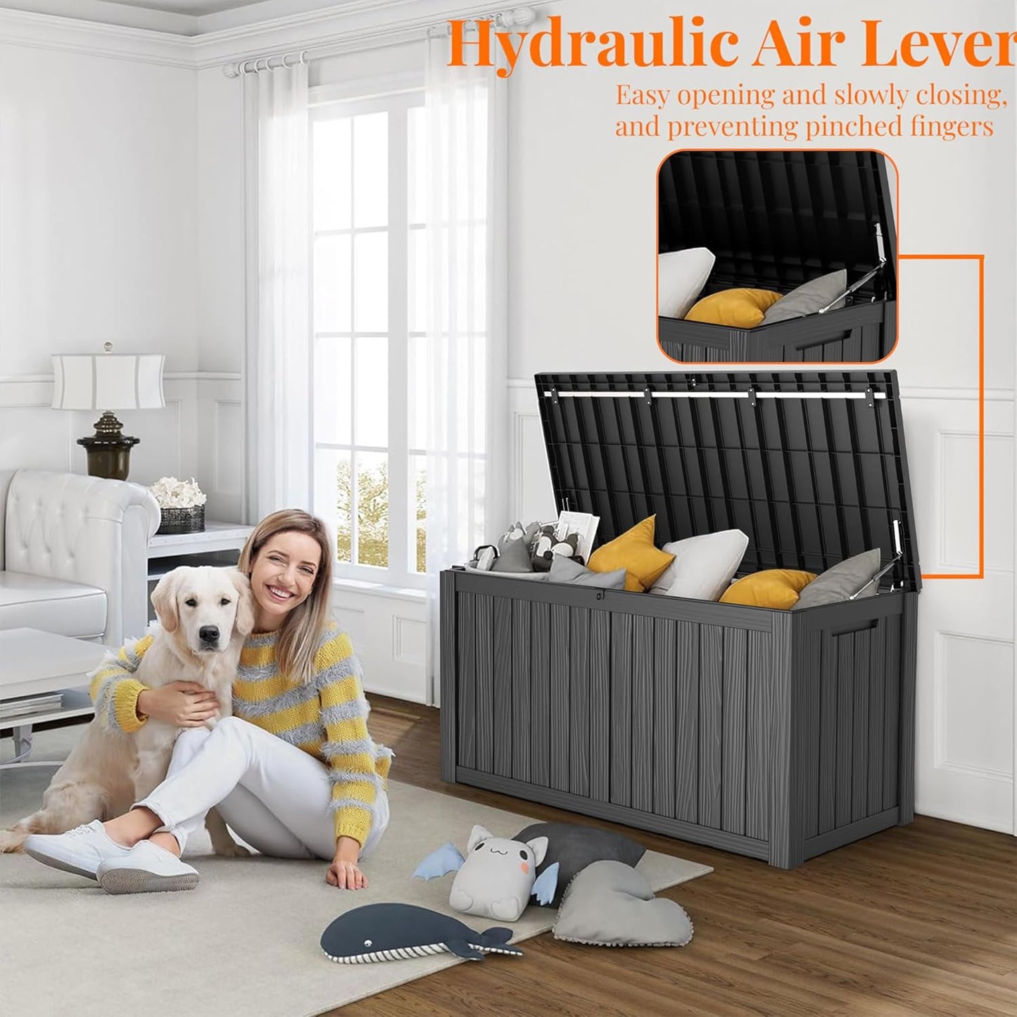 150 Gallon Deck Box,Resin Outdoor Storage Box with Lockable for Patio Furniture, Pool Accessories, Garden Tools Waterproof Outside Storage Box, Black