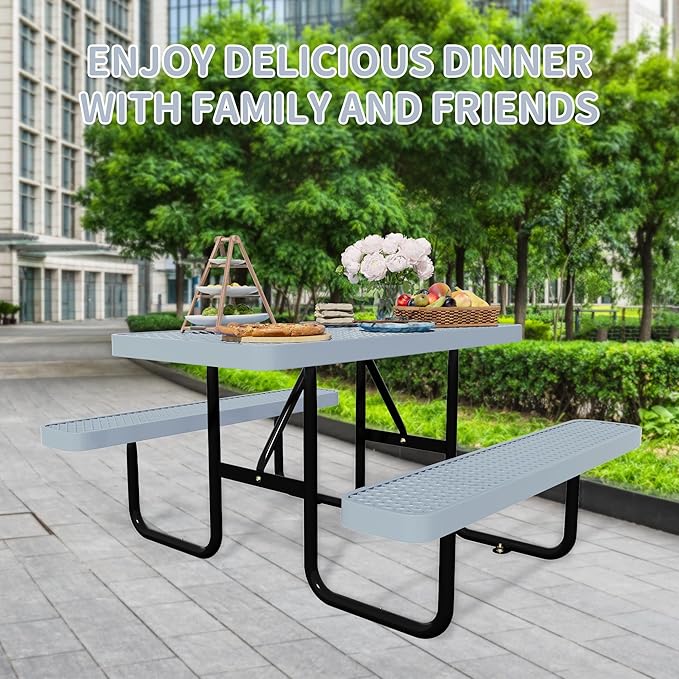 48'' Rectangular Steel Picnic Table for Outdoors,Commercial Metal Picnic Table Bench Set with Umbrella Hole,School Canteen Table W/Seats - Heavy Duty Sturdy Picnic Tables for Patio Garden