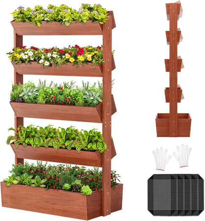 SUNYRISY 5 Tiers Vertical Wooden Raised Garden Bed Outdoor, Freestanding Garden Planter Box Stand for Planting Herbs Flowers Vegetables Outdoor Gardening