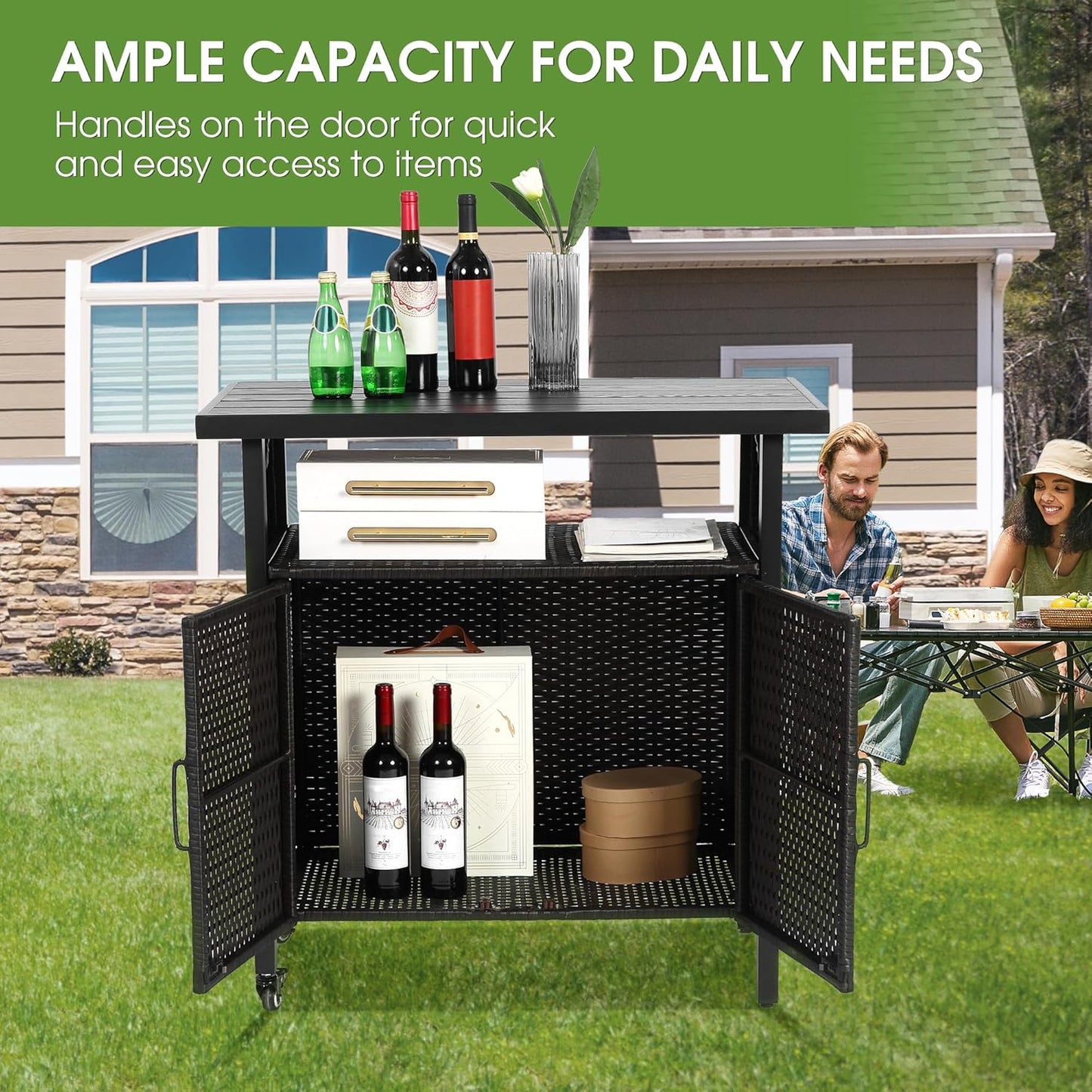 HOMEFUN Outdoor Bar Table Featuring Storage Cabinet: Wheeled Patio Serving Carts, Wicker Grill Cart Prep Station & Rolling Kitchen Island for Patio, Backyard and Outside Use, in Black
