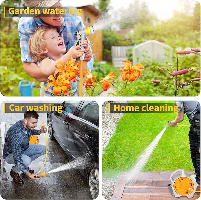 Garden Retractable Hose Reel, Portable Simple Home Hose Reel 45+5 FT with 7 Patterns Spray Nozzle, Wall Mounted and Any Length Lock for Garden Watering, Car Washing, Pet (Orange)