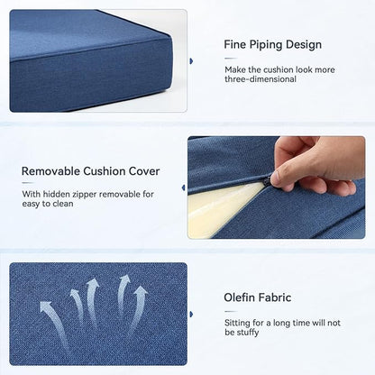 Luxury 6" Outdoor Cushions for Patio Furniture, 24x24x6" Thick Seat Cushion Set of 4, Fade Resistant Couch Chair Replacement Cushions High Density Deep Wicker Chair Cushion w/ Removable Cover, Blue